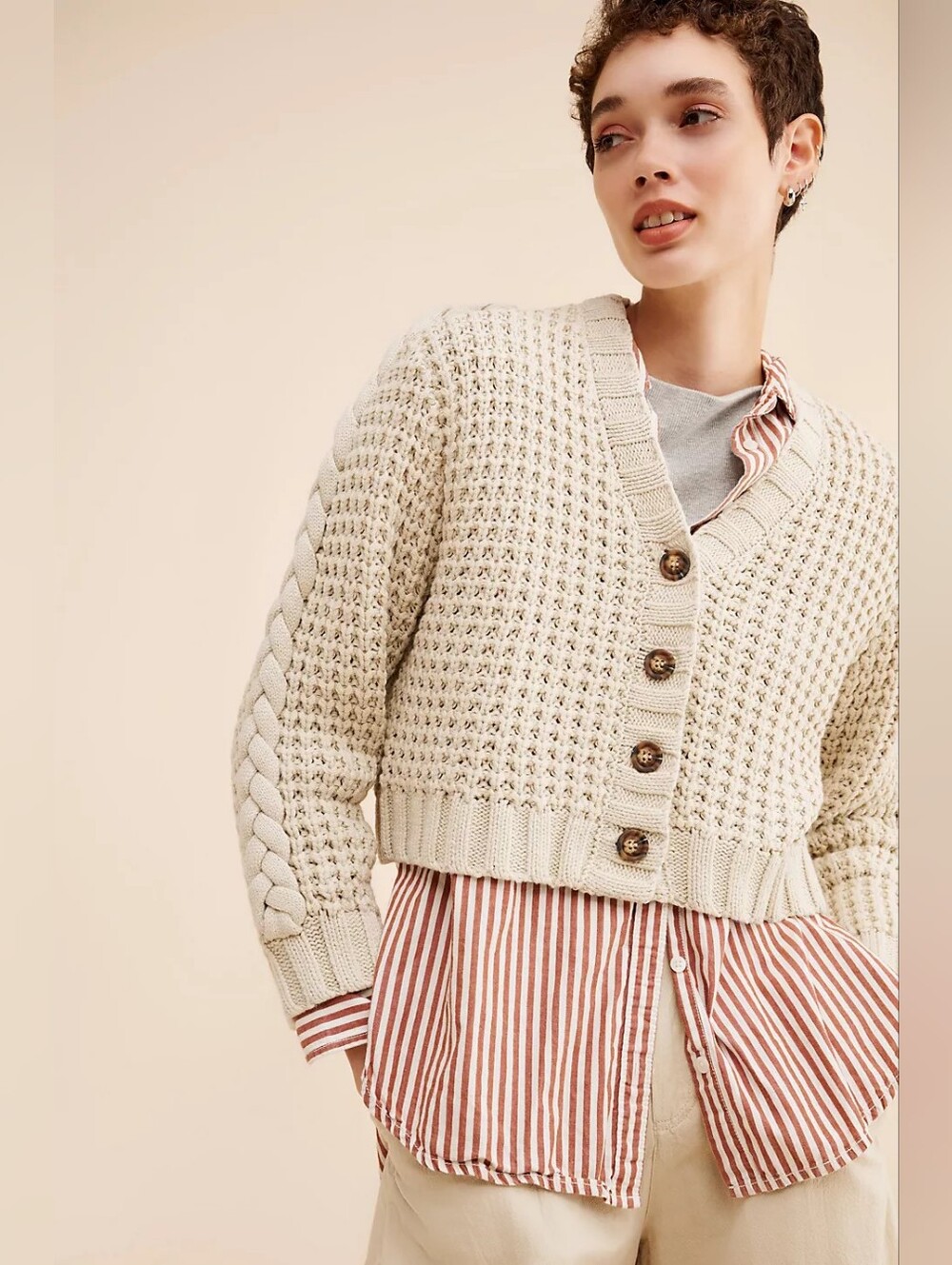 Anthropologie Dot & Lu Braided Sleeve Boxy Cardigan Cream Chunky Knit Plus Size